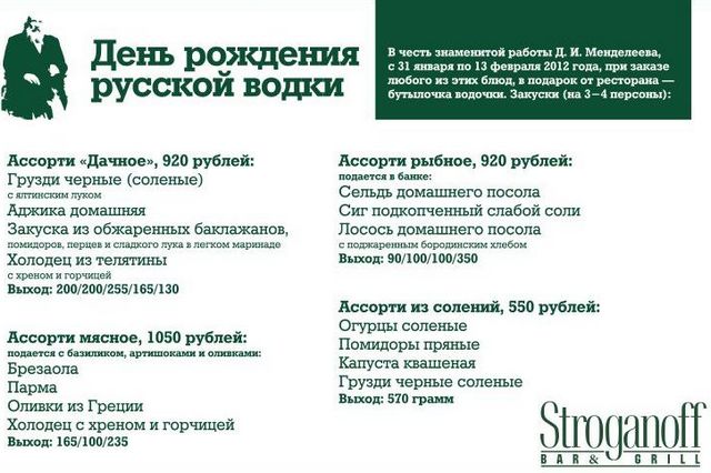 День рождения русской водки в Строганов Бар и Гриль. Рестораны Санкт-Петербурга